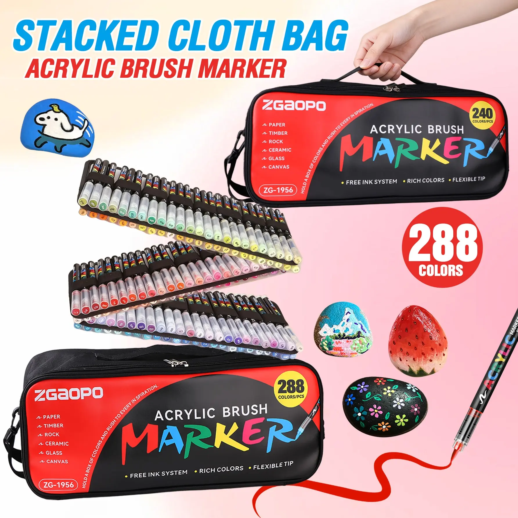 New Packaging Backpack Style Marker Set, 240 Colors/288 Colors, Liquid Soft Tip Acrylic Markers, Mixed Color Set for Art Students DIY Painting