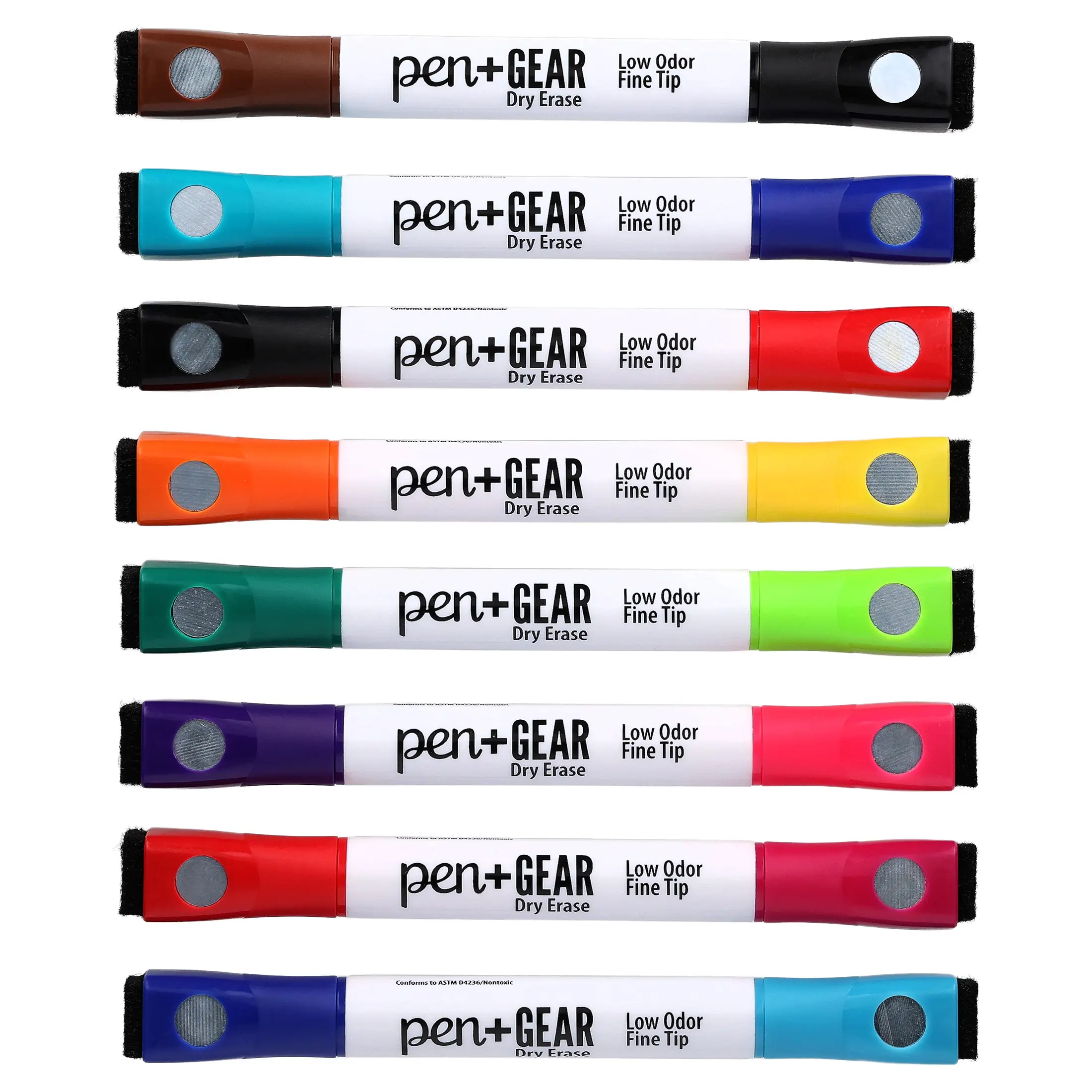 Pen+Gear 2-in-1 Magnetic Dry Erase Markers, Fine Tip, Assorted Colors, 8 Count
