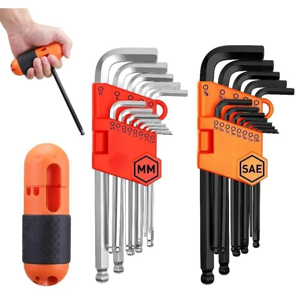 Allen Wrench Set, Hex Key Set Long Arm Ball End Hex Wrench Set, Inch/Metric T Handle Allen Wrench Set