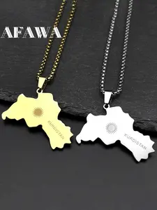 Kurdistan Map Flag Sun Symbol Pendant Necklace for Men Women Unisex Stainless Steel Gold Color Ethnic National Geography Chain Geographical Necklace