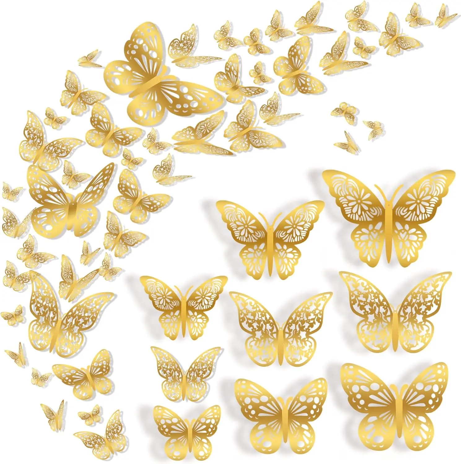 36 Pcs Vintage 3D Gold Hollow Butterfly Ornaments - Peel & Stick Decorative Wall Stickers, 3 Styles, 3 Sizes, Waterproof, Corrosion-Resistant Laser Cut Cardboard Craft Paper, Compatible with Balloon, Wreath, Tape for Wedding Party, Girls’ Bedroom