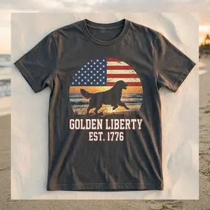 Retro American Flag Golden Retriever T-Shirt - Patriotic Dog Lover Tee - Est. 1776