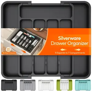 [New Deal] Adjustable & Expandable Silverware Drawer Organizer 5 Main + 2 Expandable Layers for Kitchen Utensils & Cutlery, Utensil Tray for Kitchen, Adjustable Flatware Cutlery Holder for Spoons Forks Knives Kitchen Organizers Storage Drawer Organizer 1
