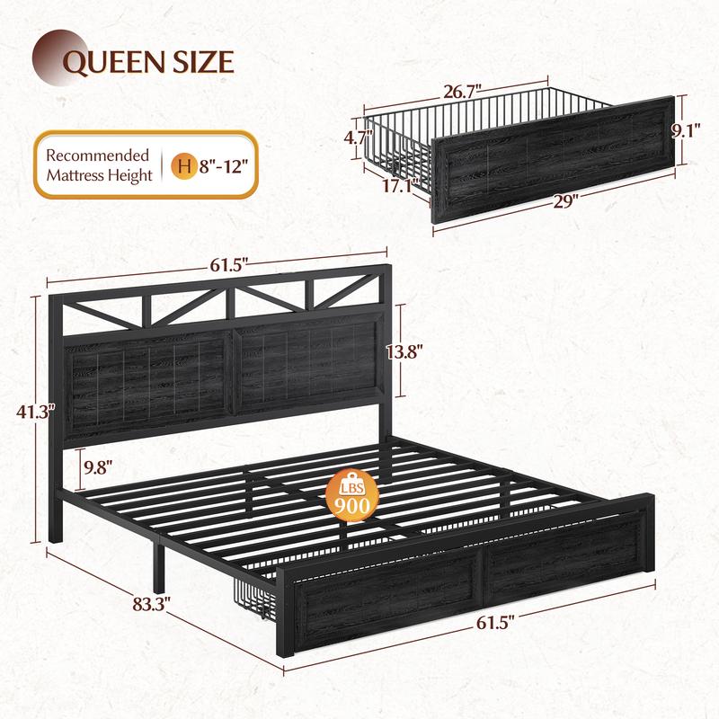 Raybee LED Bed Frame with Charging Station & 2 Drawers, No Mattress, Farm Style Full Queen King Size Bedframe with Headboard & 2 Wooden Drawers, Noise Free, Holds 900lbs, No Box Spring Needed