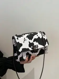 Vintage Metal Chain Strap Shoulder Bag, Cow Print PU Handbag with Metal Lock Flap Small Square Bag, Crossbody Bag for Women, Casual Cow Print Pattern Purse for Women - Black and White Cow Print PU Bag with Gold Metal Lock Flap, Studded Details