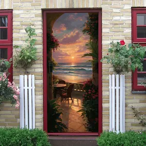 2pcs Mediterranean Style Sea View Arch Wall Sticker Sunset Wave Balcony Decorative Sticker Self Adhesive Removable Living Room BedroomWall Mural Waterproof Sunscreen Home Wall Decor Decal