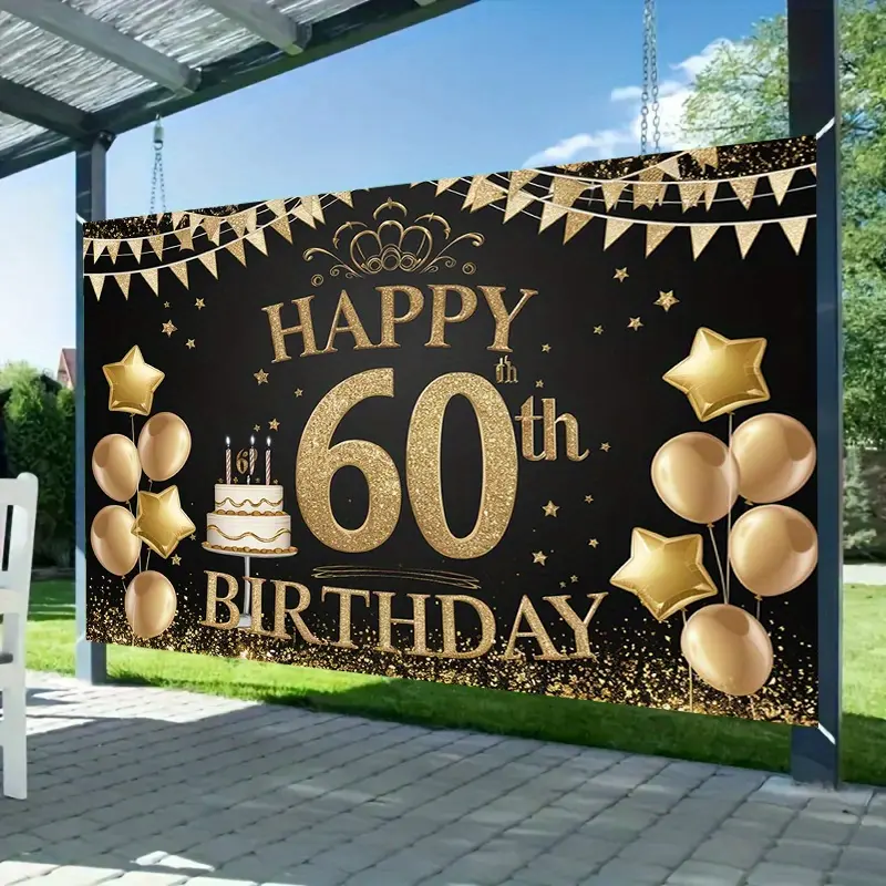 Premium Glitter Gold Polyester 60th Anniversary Backdrop - Party Decoration Supplies, Backdrop Picture, Wishing Banner with Balloon Accents, Stars, Letter Print for Home Wall Displays, Party Photo Props