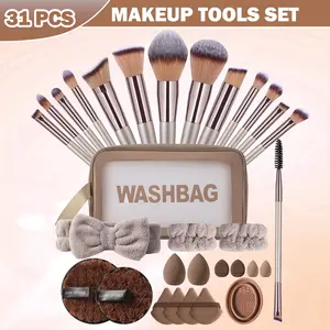 31pcs Face Makeup Tool Set, 14pcs Makeup Brushes & Toiletry Bag & Hair Tie & 2pcs Wrist Strap & 2pcs Large Makeup Sponge & 4pcs Fan Powder Puff & 2pcs Mini Makeup Sponge & 2pcs Thumb Powder Puff & 2pcs Face Powder Puff & Bowl Brush