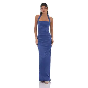Lucy In The Sky Satin Halter Maxi Dress in Blue