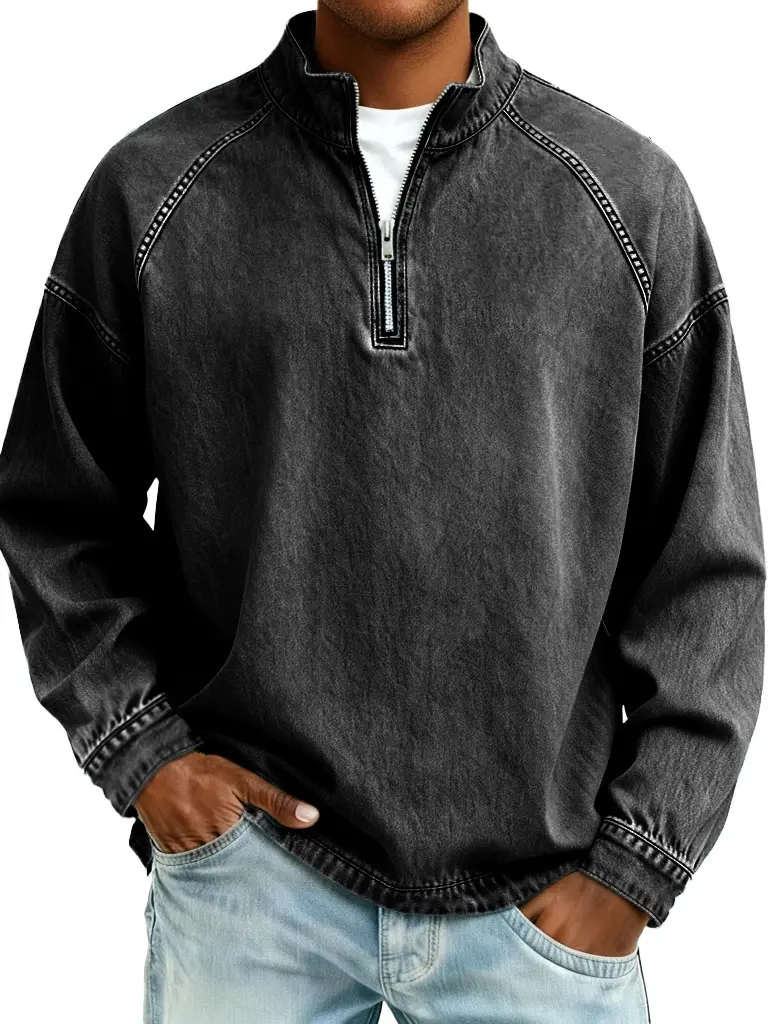 Men's Summer Loose Long-Sleeve Polo Shirt - Menswear Top with Stand Collar, Front Slimming Zipper, Suitable for Driving, Camping