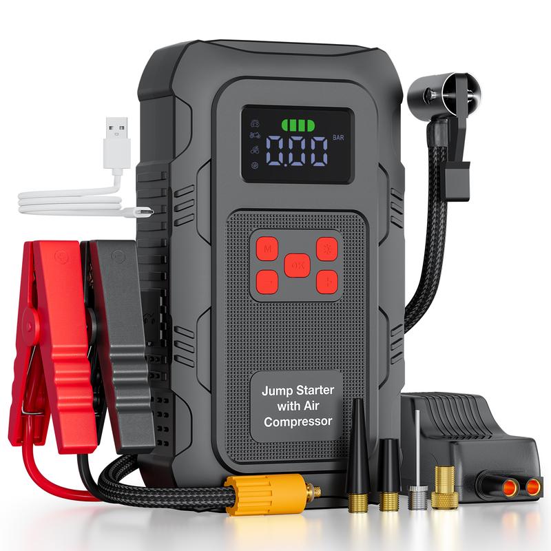 HPBS 24000mAh Power Bank Auto Battery Booster With Air Compressor 6000A 150PSI Fast Inflation 12V Portable Jump Starter for 10.0L Gas and 8.0L Diesel Engines