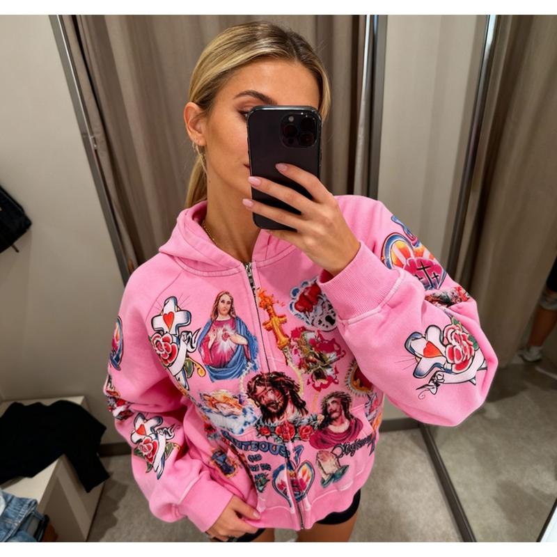 Y2K Religious Tattoo Pattern Zip-Up Hoodie - Cropped Street Style Pullover Sweatshirt, Artistic Print, Casual Loose Fit, Jesus Faith Jacket, Unisex