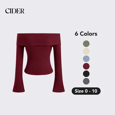 Cider Women's Off-Shoulder Long-Sleeve Slim-Fit Plain Black Knit Blouse - Casual Pull-On Basic Top, Machine Washable for Everyday Street Style
