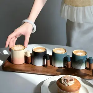 70ML Ceramic Espresso Cup with Wood Handle, Gradient Color Demitasse Mug, Reusable Porcelain Tea Cup, Perfect Birthday Gift