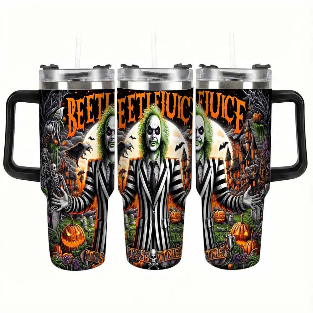 Beetlejuice Travel Tumbler (40oz/30oz) Iconic Ghost Character Print Insulated Stainless Steel Cup with Handle and Straw Perfect for Halloween Parties Gothic Home Decor Travel Commuting and Unique Movie Fan Gifts