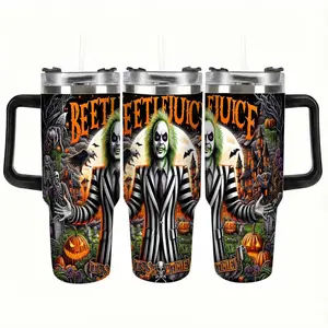 Beetlejuice Travel Tumbler (40oz/30oz) Iconic Ghost Character Print Insulated Stainless Steel Cup with Handle and Straw Perfect for Halloween Parties Gothic Home Decor Travel Commuting and Unique Movie Fan Gifts