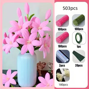 503 Piece Light Lily Twist Stick Bouquet Set, Fake Bouquets, Includes 300 Cleaning Tubes, 180 Stamen, 20 Flower Sticks, Ideal for Christmas Gifts