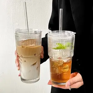 A set of 3 (striped glass cup+straw+lid), 20.290 ounces/600 milliliters, visually striking transparent stripe glass cups suitable for coffee, tea, whiskey, milk ice American and latte drinks, durable and reusable glass cups, Drinkware