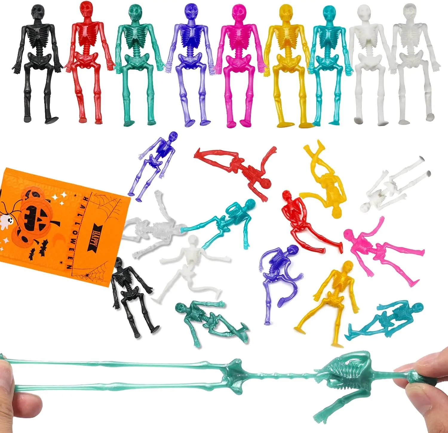 24PCS Halloween Stretchy Skeleton Toys, Assorted Color Stretchy Skull Squishy Toys for Party Favors, Happy Halloween Goody Bag Fillers, Halloween Sticky Toys for Kids, Boys & Girls