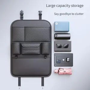 Car seat organizer, Rear-mounted storage pockets for driver and front passenger seats, featuring dual cup holders and tissue box, multi-functional storage design for rear passenger use, PU leather, kick-resistant and wear-resistant