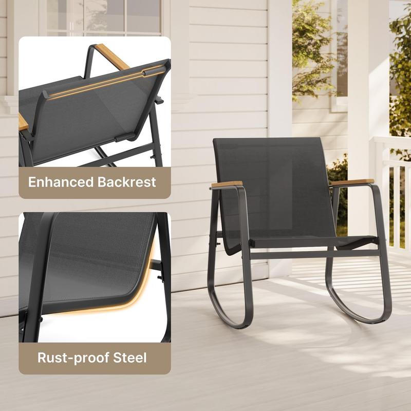 Gizoon 3 Piece Rocking Bistro Set, Textilene Fabric Patio Furniture Set, Front Porch Rocker Chairs with Coffee Table for Lawn, Garden, Balcony, Poolside (Black)