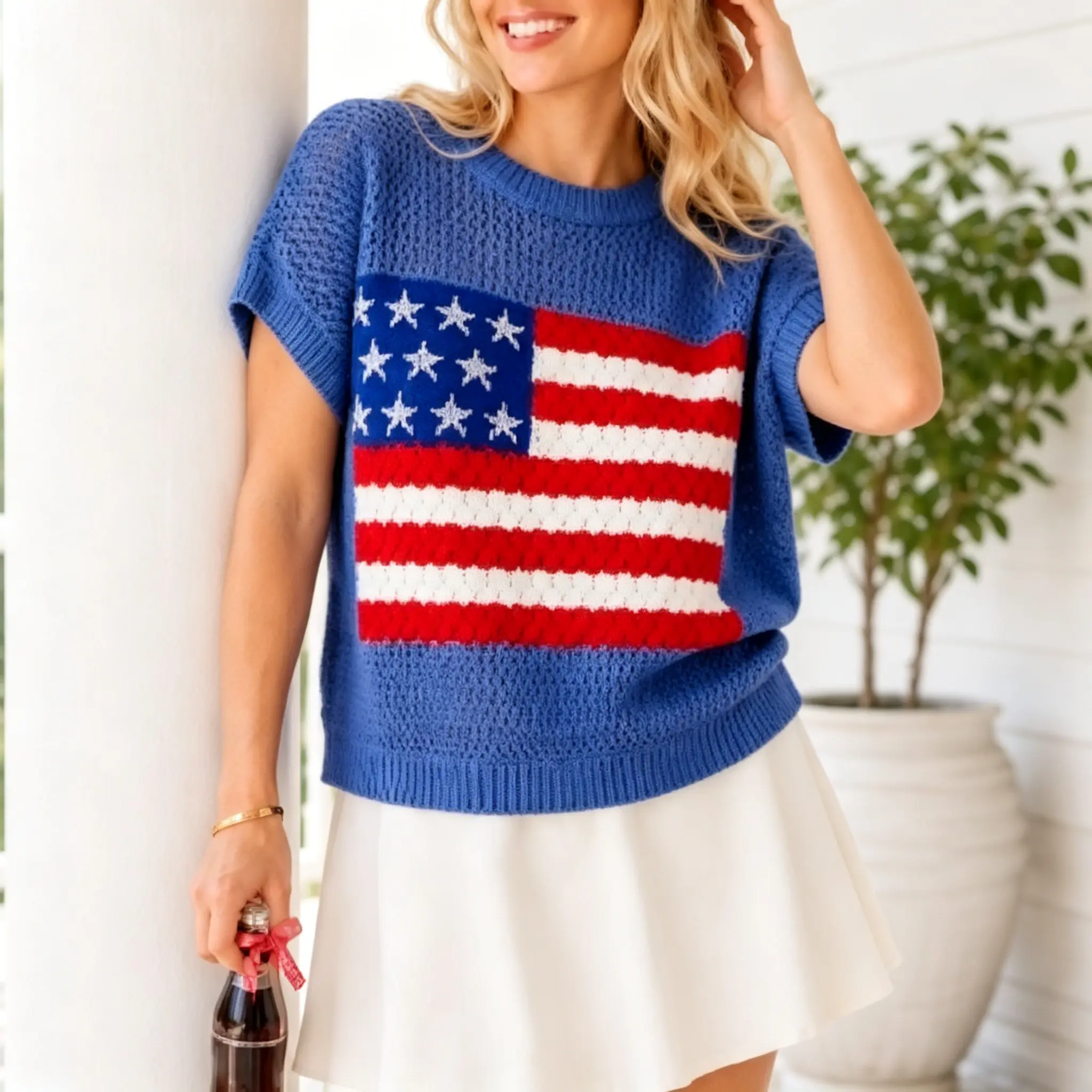 Mentor Women’s American Flag Graphic Knit Sweater Top - Short Sleeve Relaxed Fit Everyday Style Vibe Summer Pullover, Pairable with Jeans, for Independence Day, Casual Streetwear, Knitwear, Lightweight