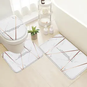 3pcs Premium Marble Rose Gold Trim Bath Mat Set, Plush Bathroom Rugs 580g/m², Soft Toilet Lid Cover & Absorbent U Shaped Mat for Easy Cleaning, Bathroom Accessory