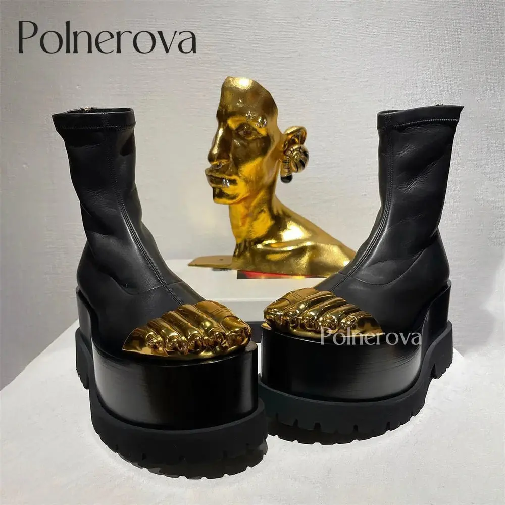 Gold Toes Ankle Boots Novel Design Ultra Lightweight 10 cm Platform High Heeled Women Boots Notched Sole Soft Stretch Sock Boots