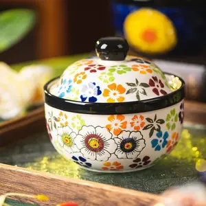 European Style Hand-painted Household Ceramic Soup Bowl with Lid Steamed Egg Dessert Salad Bowl Kitchen Tableware Ceramic Salad Bowls