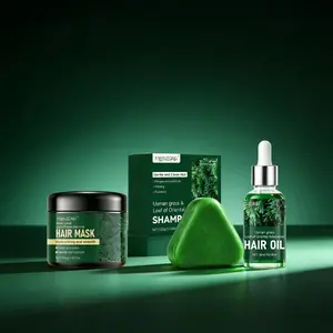 The Usman Platycladus Leaf Set (Usman Hair Mask, Usman Shampoo Bar, Usman Essential Oil) contains Usman herb, Platycladus leaf, ginger, and mint to promote scalp circulation, strengthen hair, and improve fragile, breakable strands.