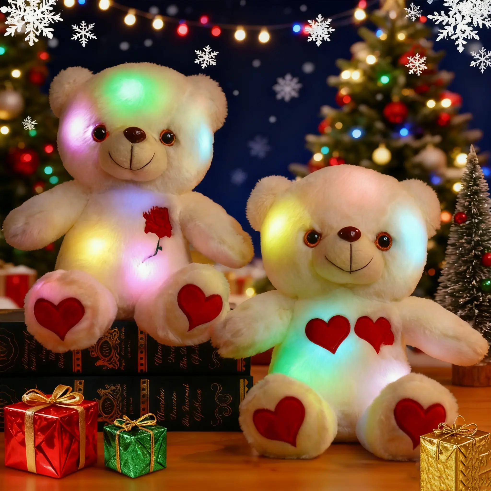 Glowing LED Teddy Bear Plush Toy Soft Adorable Stuffed with Heart & Rose Design, Cute Teddy Bear, Romantic Teddy Bear, Perfect Gift for Valentine's Day, Christmas, Birthday Celebrations, Cuddly Doll Gift, Rose Flower Bear, Stuffed Animal Gifts
