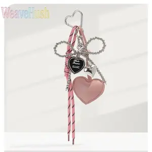 Cute Heart Girl Keychain Pendant - Miu Series Style, Silver Bead, Bow Design, Leather Love Charm, Bag Chains and Charms, Exquisite Trendy Bag Accessory for Backpack Decoration, Daily Gift