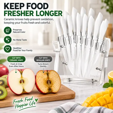 Stylish 16-Piece Modern White Non-Stick Stainless Steel Kitchen Knife Set with Transparent Aesthetic Block, Sharpened Blades