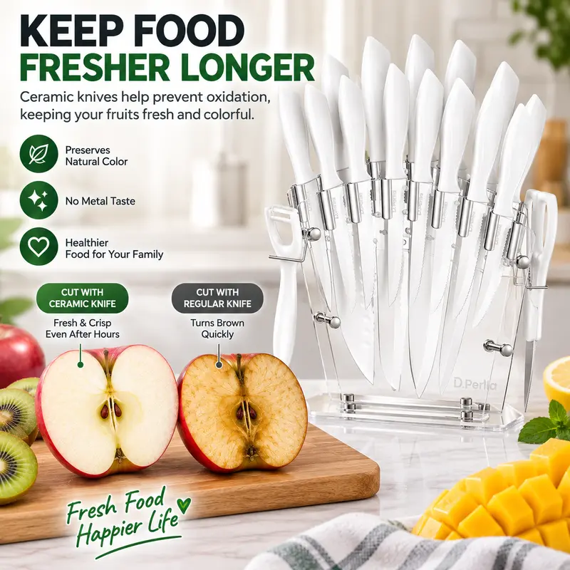 Stylish 16-Piece Modern White Non-Stick Stainless Steel Kitchen Knife Set with Transparent Aesthetic Block, Sharpened Blades