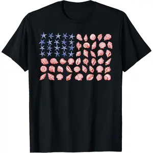 100%cotton USA Coastal Shell Patriotic Seashell American Flag 4th July T-Shirt