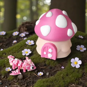 Cute Mushroom House & Dragon Model Plastic Figurine, Desktop Decoration Sculpture, Holiday Gift, 3D Printed Adorable Home Ornament
