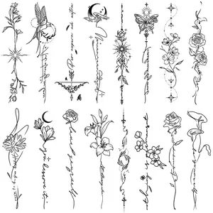 CHARLNET Temporary Tattoos for Women Girls - 45 Pcs Line Flower Words Sketch Realistic Long Last Fake Tattoos Waterproof Minimal Line Art Tattoos for Arm Backbone Leg