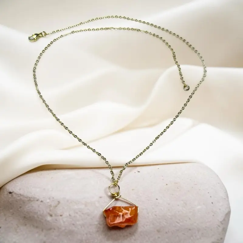 Yellow gold filled gemstone necklace, include a Gorgeous pendant, Raw Carnelian natural gemstone in Gold filled wire, Necklace Chain, Female