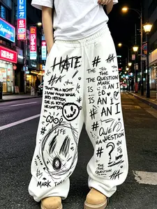 American High Street Style Graffiti Print Sweatpants, Loose Fit, Drawstring Waist, Casual All Season Pants