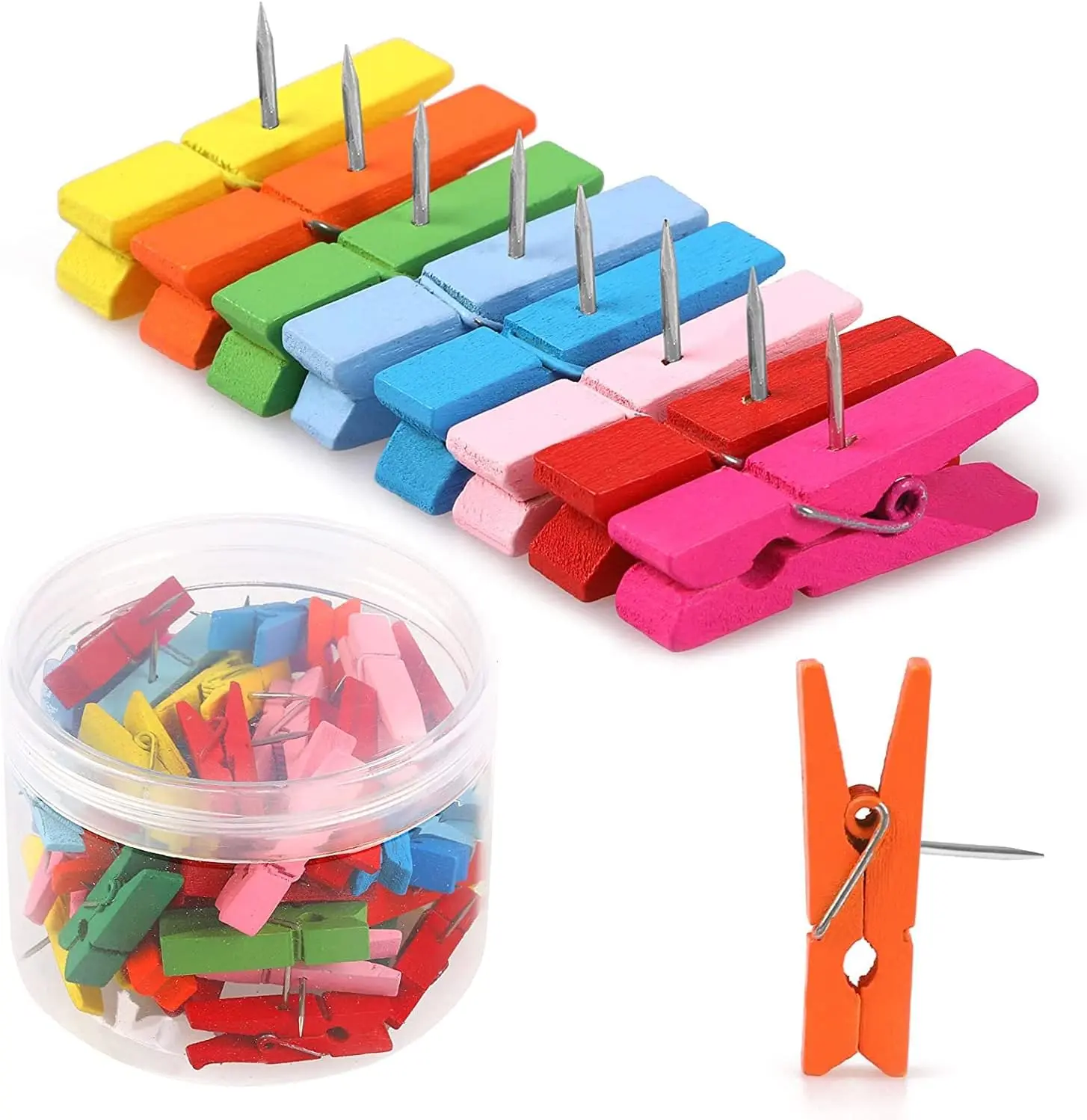 50 PCS Colorful Push Pin with Wooden Clips, Durable, Decorative Pushpins Tacks Thumbtacks for Cork Board Artworks Notes Photos, Craft Projects, Offices and Homes