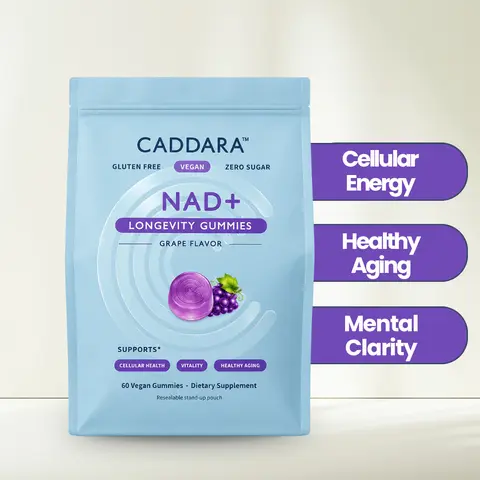 Caddara NAD+ Supplements Gummies - Grape Flavor, Vegan Certified, Cellular Health Support, Antioxidants, Healthy Aging, Sugar-Free, Gluten-Free, 60 Pieces