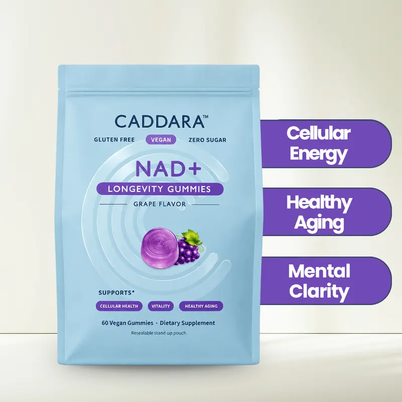 Caddara NAD+ Supplements Gummies - Grape Flavor, Vegan Certified, Cellular Health Support, Antioxidants, Healthy Aging, Sugar-Free, Gluten-Free, 60 Pieces