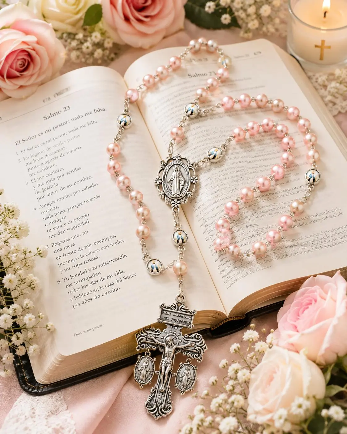 Pink Pearl-Style Beads Silver-Tone Alloy Catholic Rosary Soft Pink and Silver Tone Prayer Beads for Devotional Use