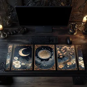 [SALE UP TO 45%] Celestial Lunar Nature Tarot Card Desk Mat Dark Green Witch Night Botanical Floral Mousepad Occult Stars Magic Mouse Moon Office
