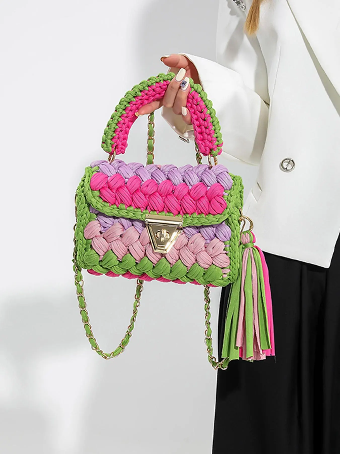 Women's Colorblock Handbag, Fashionable Handmade Woven Bag for Daily Used, Casual Trendy Versatile High-quality Daily Commuting Bag, Girl Fashionable Shopping Bag, Fashionable Patterned Bag, Stylish Versatile Bag