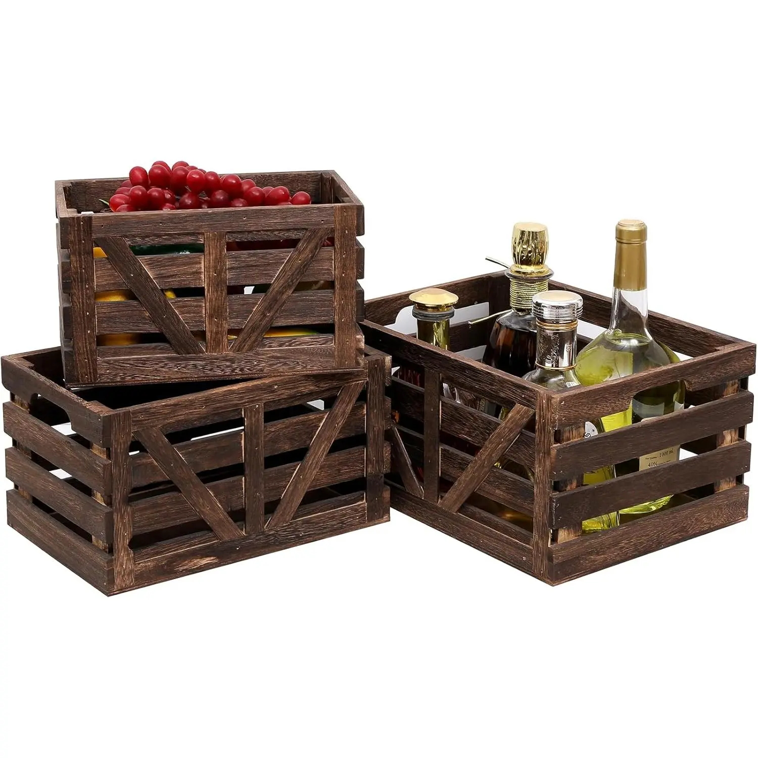 Set of 3 Rustic Wooden Storage Crates, Nested Farmhouse Organiser with Handles for Bedroom and Home Decor, Home Supplies, Large, Small