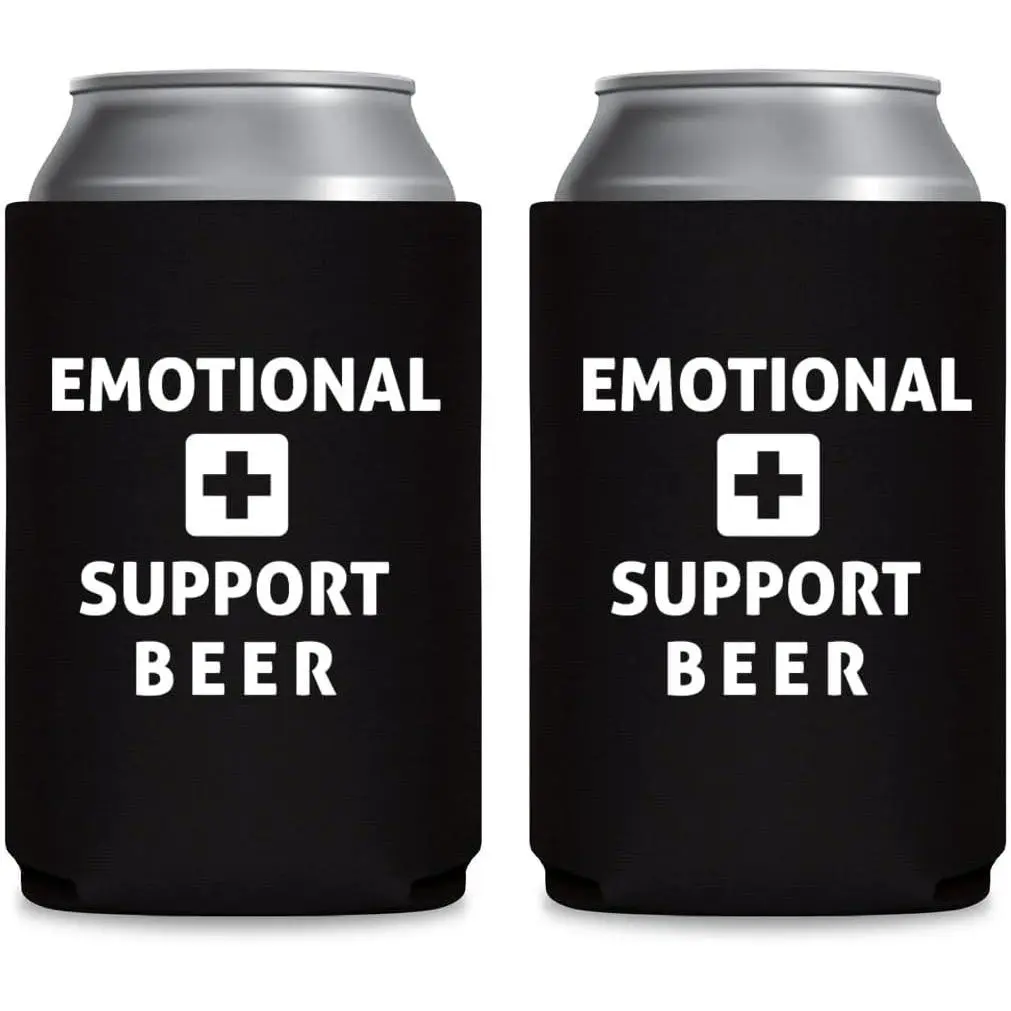 Emotional Support  - Can Sleeve Cooler Insulated Drink Hugger Coolies - Gifts for Dad from Son Daughter Fathers Day - Funny Birthday Present Idea for Him Men Boyfriend Husband (Black, 2 Pk)