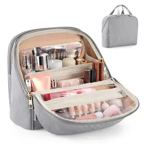 Makeup Bag, Large Capacity Travel Makeup Organizer, Portable Standing Make Up Case, Waterproof Cosmetic Toiletry Bags with Handle, Color Grey