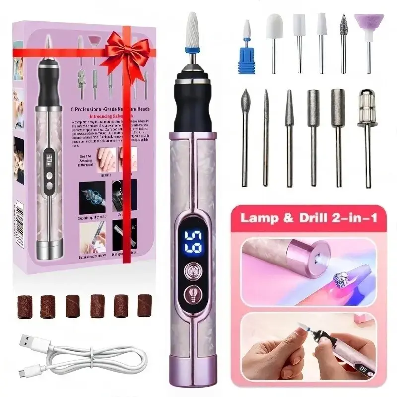 Cordless Nail File 2-in-1 Electric Polisher - Travel Size Youth Nails Set, USB Rechargeable, 5-Speed Control, LCD Display, Base Lamp, Trimming & Peeling Tools, Long Battery Life, for Pedicure at Home & Salon Use