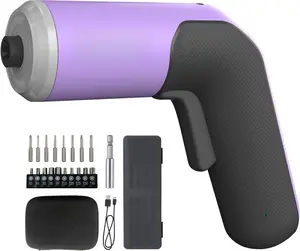 4V Li-ion Screw Gun Set with 5 N.m Torque, 3-Torque Levels, 2000 mAh Battery, 1/4" Hex Chuck, USB-C Charging, 18 Driver Bits, 2-9/16"l*1/4" Bit Holder Extension, 270 rpm, LED Work Light for Furniture Repairs, Purple